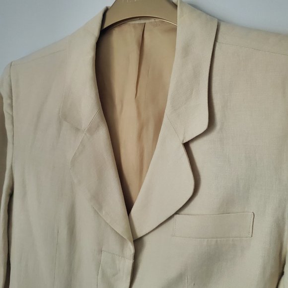 Vintage Linen Blazer Placket By English Designer Collared Neutral Pockets Preppy - Picture 9 of 11